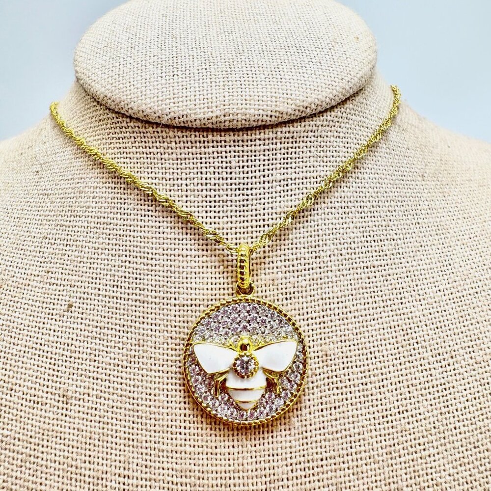 Pave CZ Gemstone Bee Circle Pendant Gold Over Sterling Silver on 18" Rope Chain